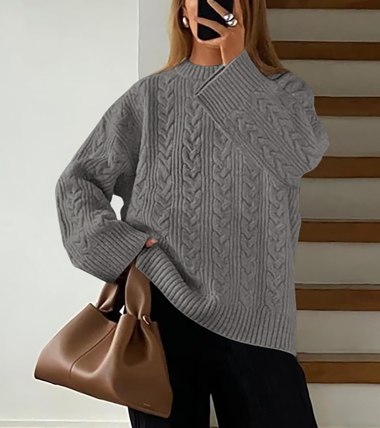 Okiwam Women's Oversized Sweaters Crewneck Cable Knit Pullover Casual Loose Fall Outfits Spring Fashion Clothes 2026 - Image 6