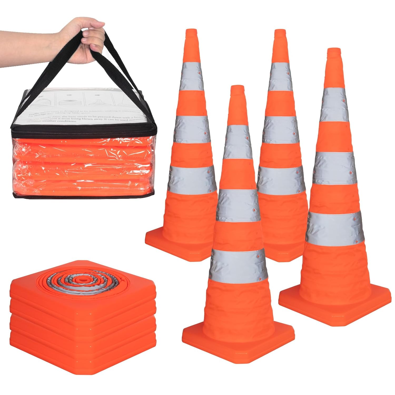 SHAREWIN 36" Collapsible Traffic Cones - Bright Orange Safety Cones with Reflective Strips for Road Safety, Driving Practice, Parking, Events & More 4-Pack