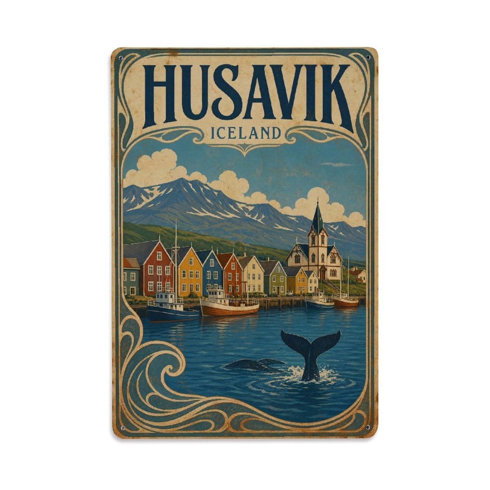 Metal Tin Sign Vintage Travel Iceland Husavik