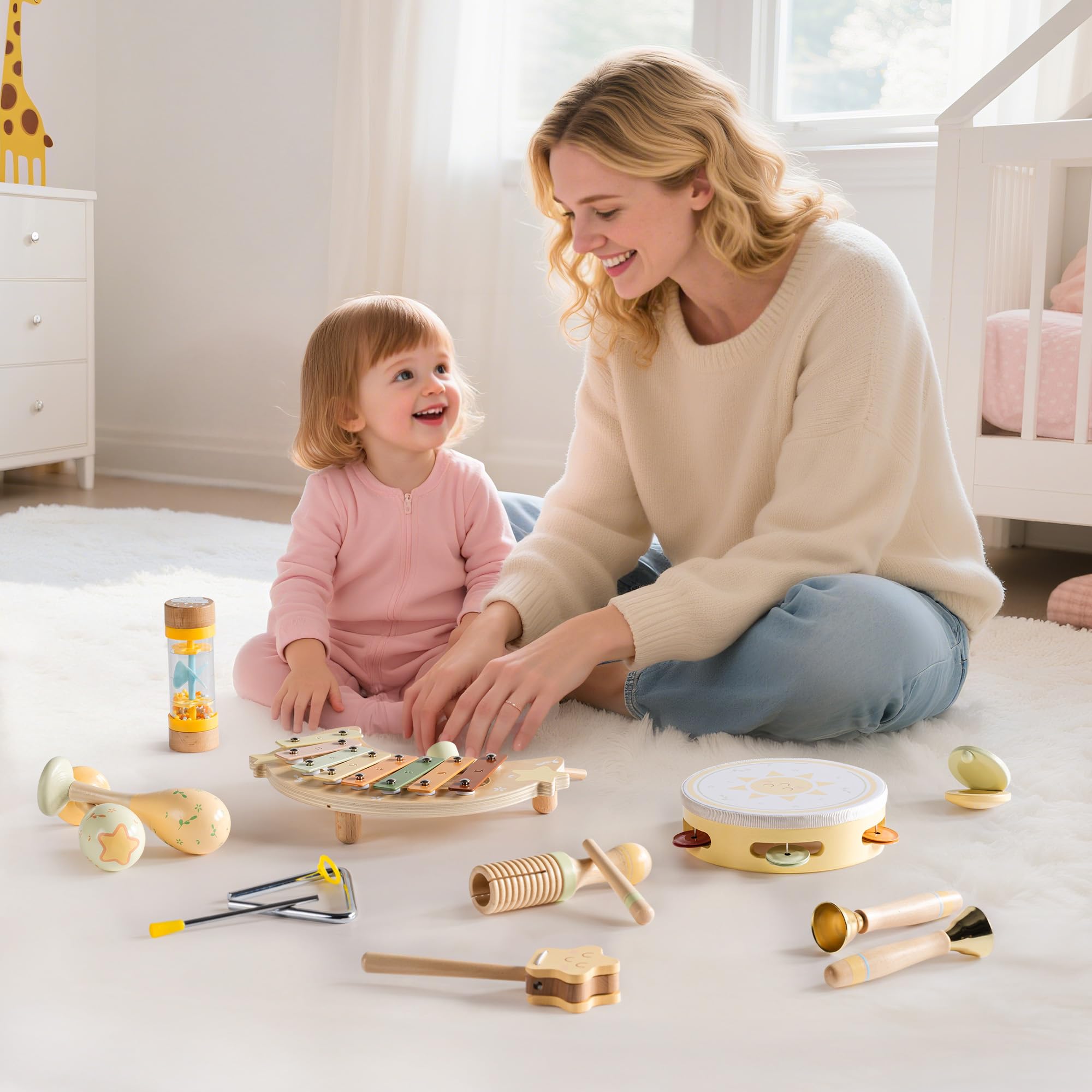 ROBOTIME Juego de instrumentos musicales de madera para bebés, lindos juguetes de percusión para niños pequeños, incluye xilófono, maracas, pandereta, triángulo y más, juguetes educativos de sonido
