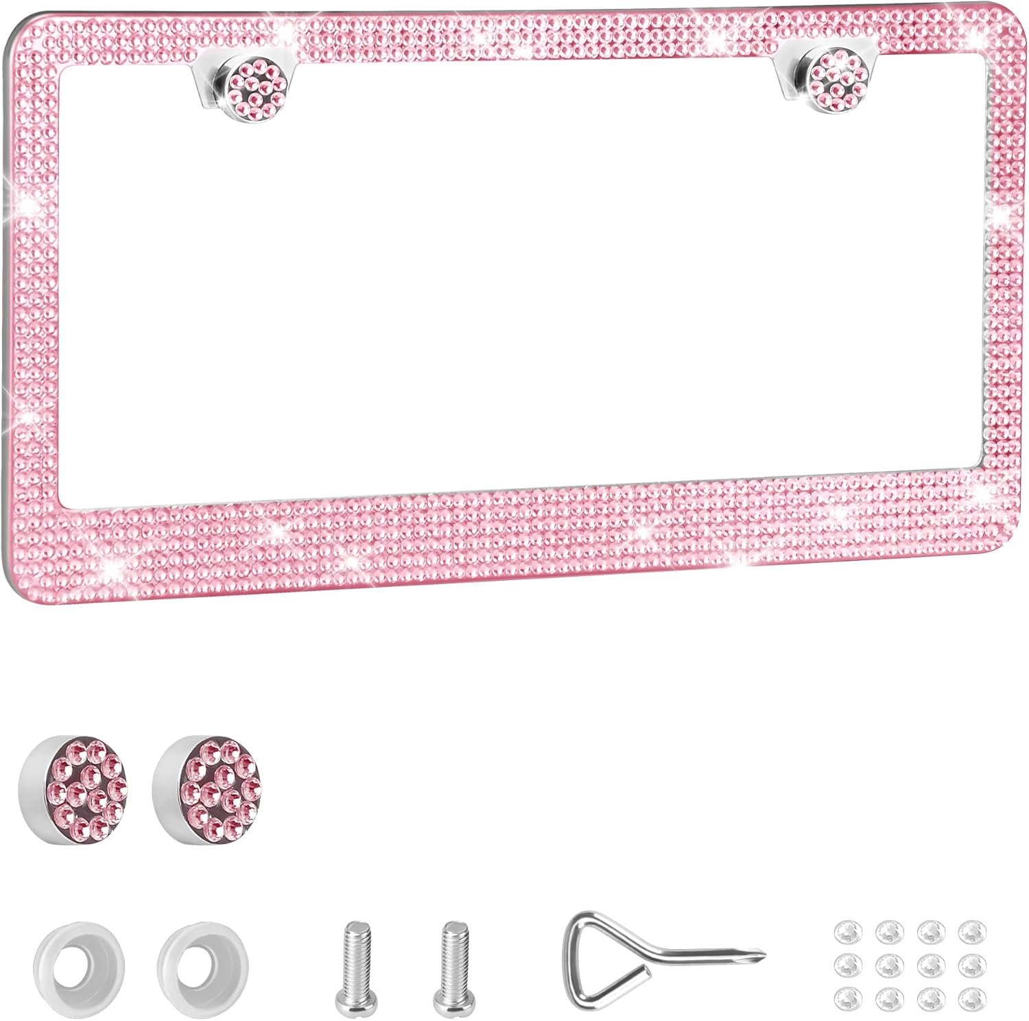 Bling License Plate Frame, Premium Stainless Steel Rhinestone License Plate Frames for Men and Women, Sparkly Plate Crystal Caps, Pink