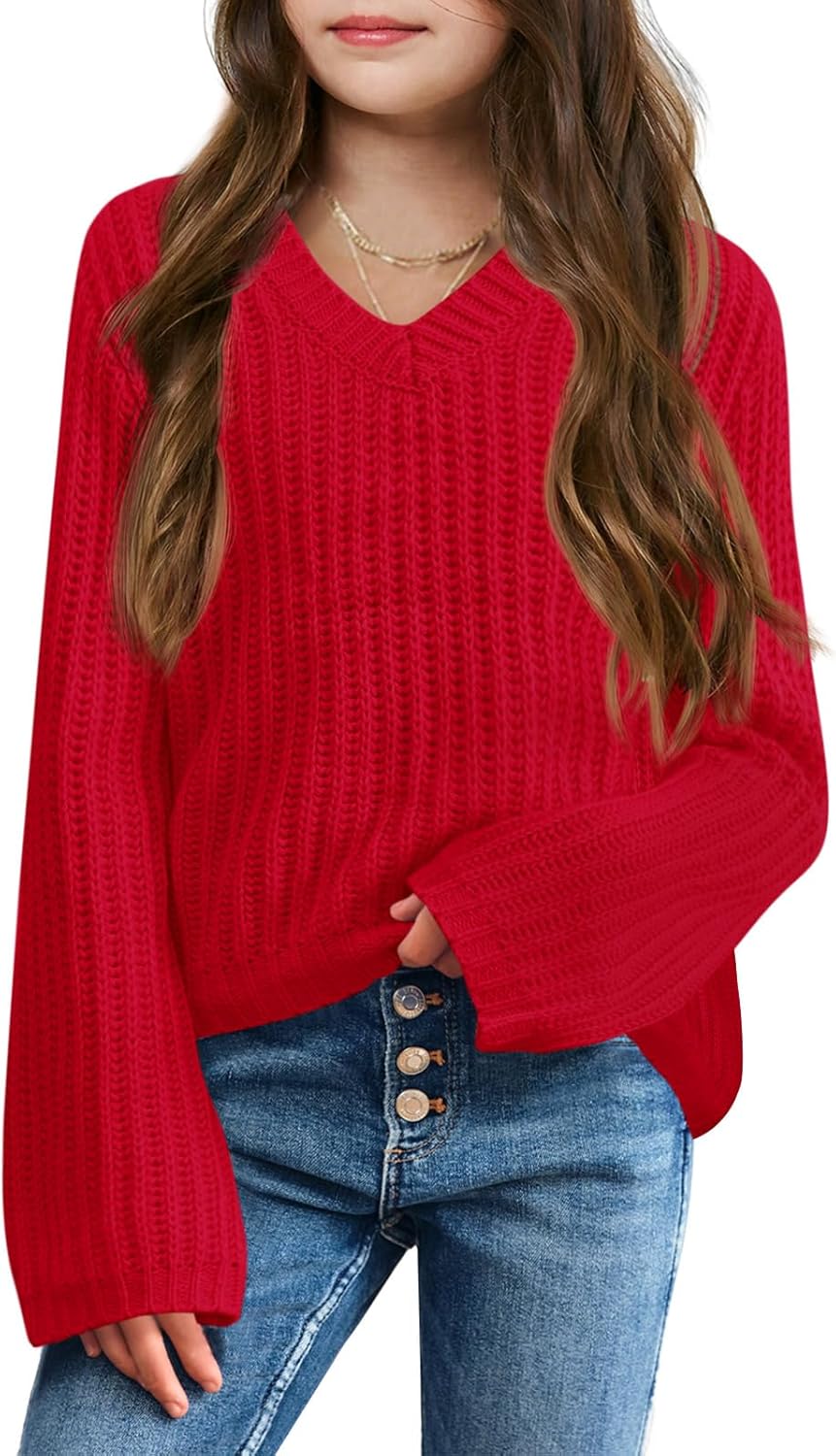 Imily Bela Girls Bell Sleeve V Neck Knit Sweaters Kids Fashion Crop Pullover Sweater Tops