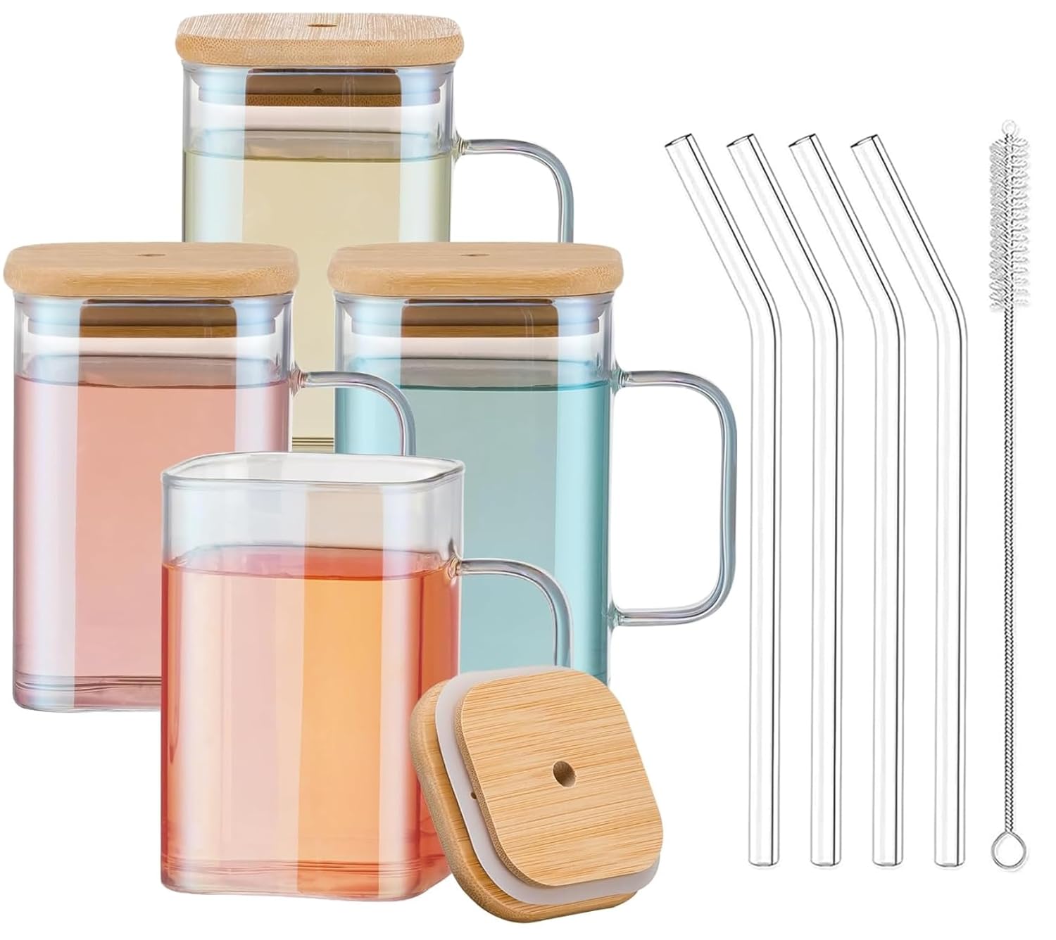 Square Glass Drinking Tumblers with Bamboo Lids Handles and Glass Straws 4 Pack Set with Cleaning Brush