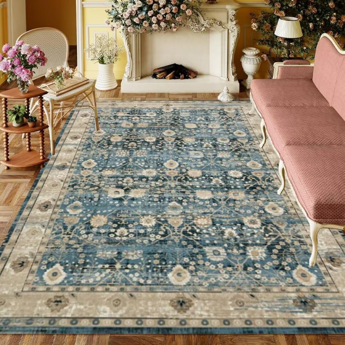 Tapis de chambre ado bleu 130x190 cm antidérapant rétro