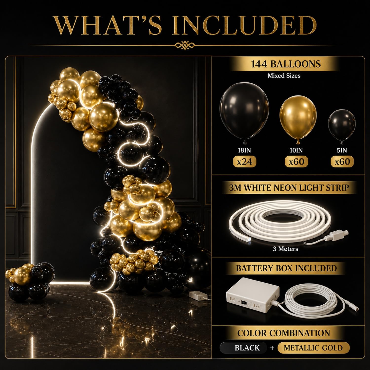 144 palloncini grandi neri e oro con striscia luminosa 45,7 cm, 25,4 cm, in lattice, per compleanno, pensionamento, matrimonio, Capodanno, laurea, baby shower, feste di sfondo, decorazioni