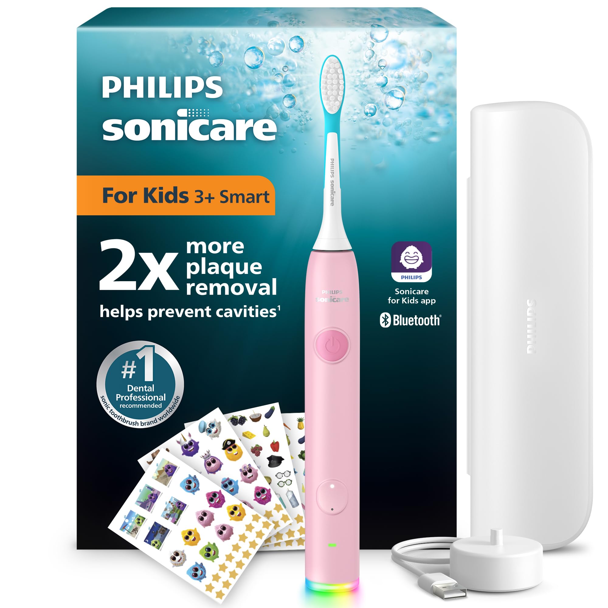 Philips Sonicare for Kids Smart Sonic Electric Toothbrush − Sonic Toothbrush with App, for Children 3+, 2 Gentle Modes, 2-Minute Light & Sound Timer, 2 Brush Heads (Standard & Mini), Pink, HX6600/51