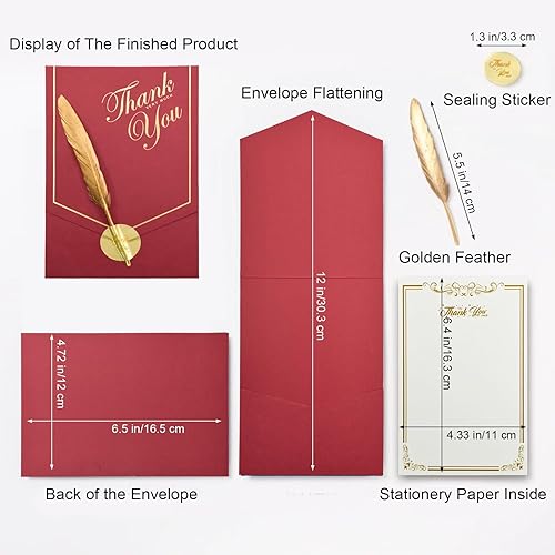 Miniatura 2 de VANRA 10 juegos de papel de papelería con sobres, juego de sobres de papel de escritura con plumas para carta de agradecimiento, invitaciones, Rojo