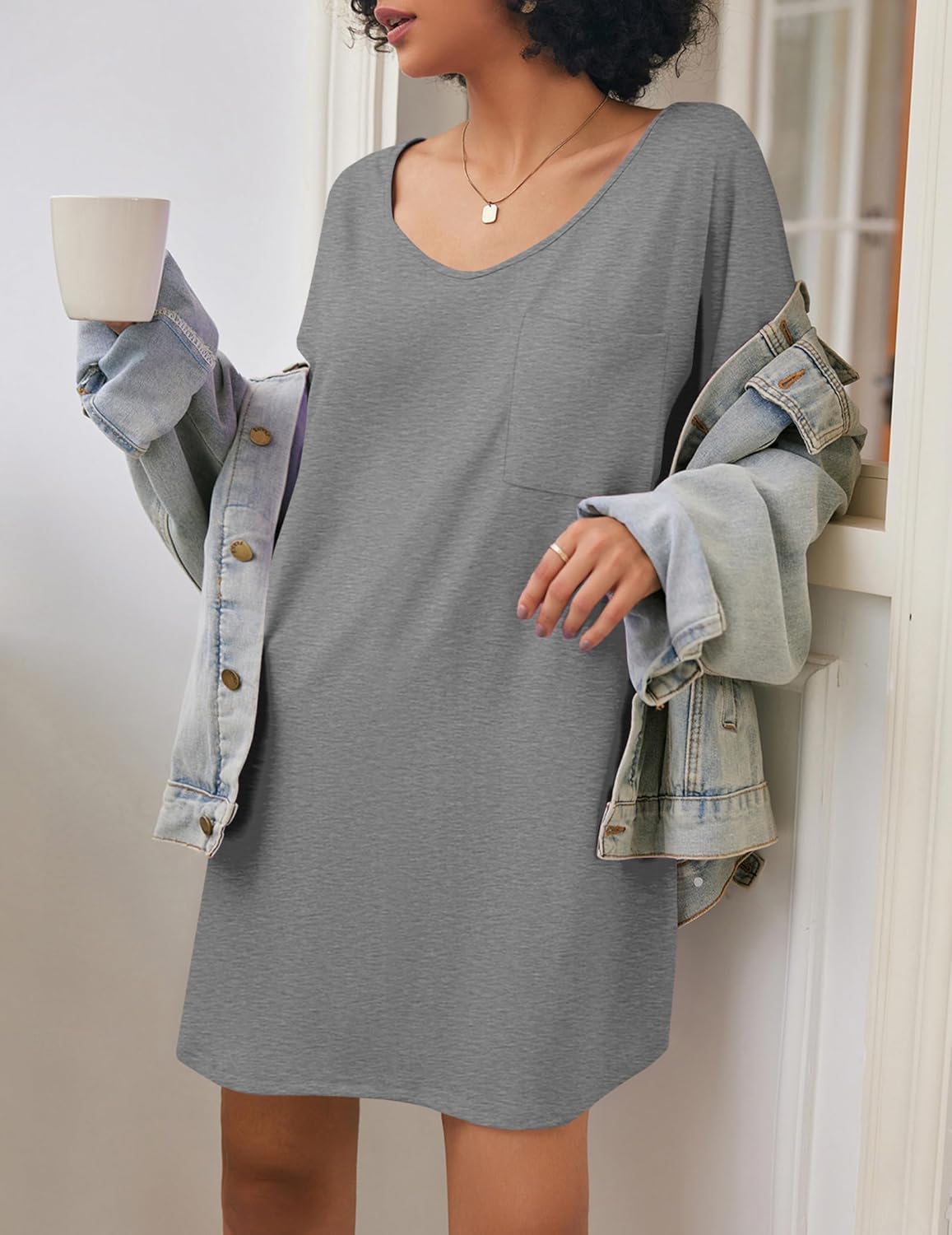 Ekouaer Womens Tshirt Nightgown Cotton V Neck Sleepshirts Comfy Casual Nightshirt for Women - Image 2