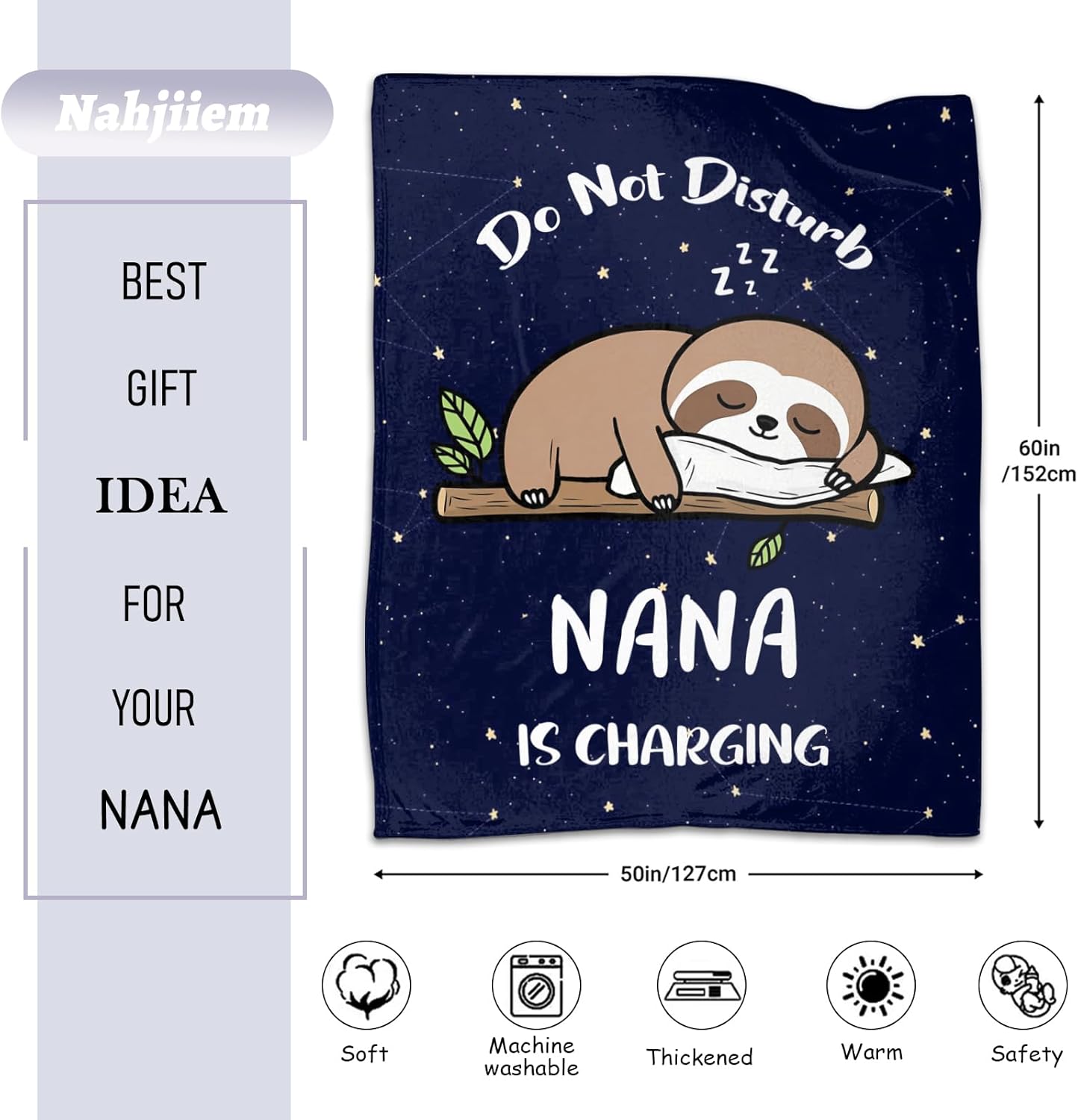 Nana Birthday Gifts, Grandma Gifts for Mothers Day Christmas from Grandkids, Nana is Charging Sloth Blanket 50"X60" - Image 2