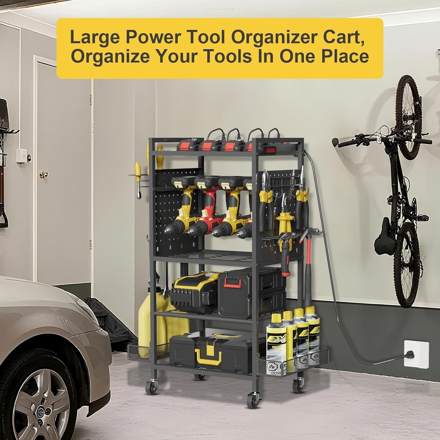 Power Tool Organizer Cart with Charging Station, Heavy Duty Garage Tool Organizer Rolling Tool Battery Storage with 8-Outlet Power Strip, a 4.9-FT Cord,4 Wheels, 2 Hanging Baskets,Hooks .Black image 2