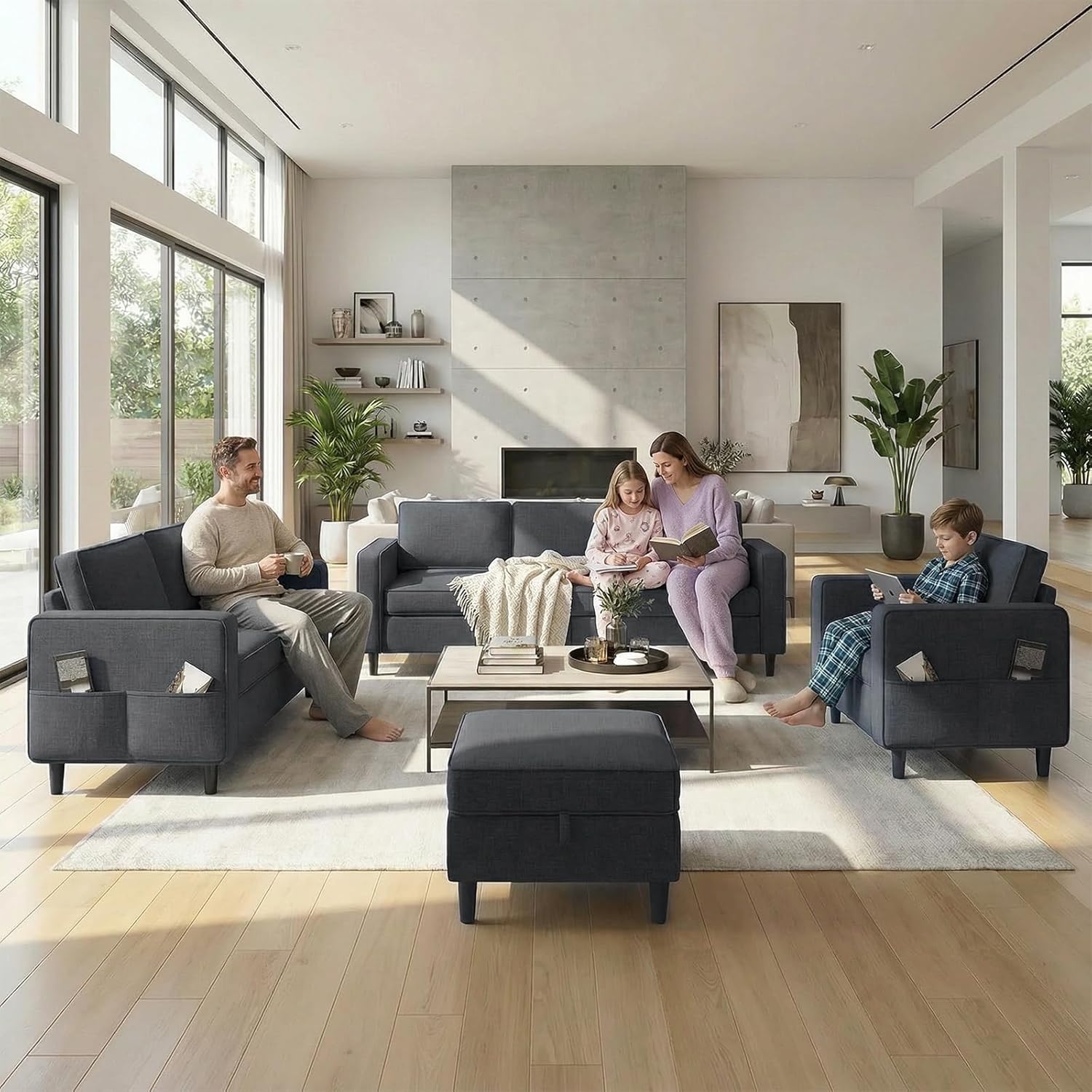 ijuicy Modern 6 Seat Sectional Sofa Set with Movable Storage Ottoman/Side Pockets, 3Pcs Couch Set for Living Room Furniture,3 Seat Living Room Couch & Loveseat & Armchair(3+2+1,Dark Grey)