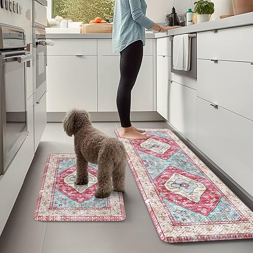 Vista 401 de KIMODE - Juego de 2 tapetes de cocina bohemios, antifatiga, antideslizantes, impermeables, ergonómicos, acolchados, cómodos, para lavandería, Caqui