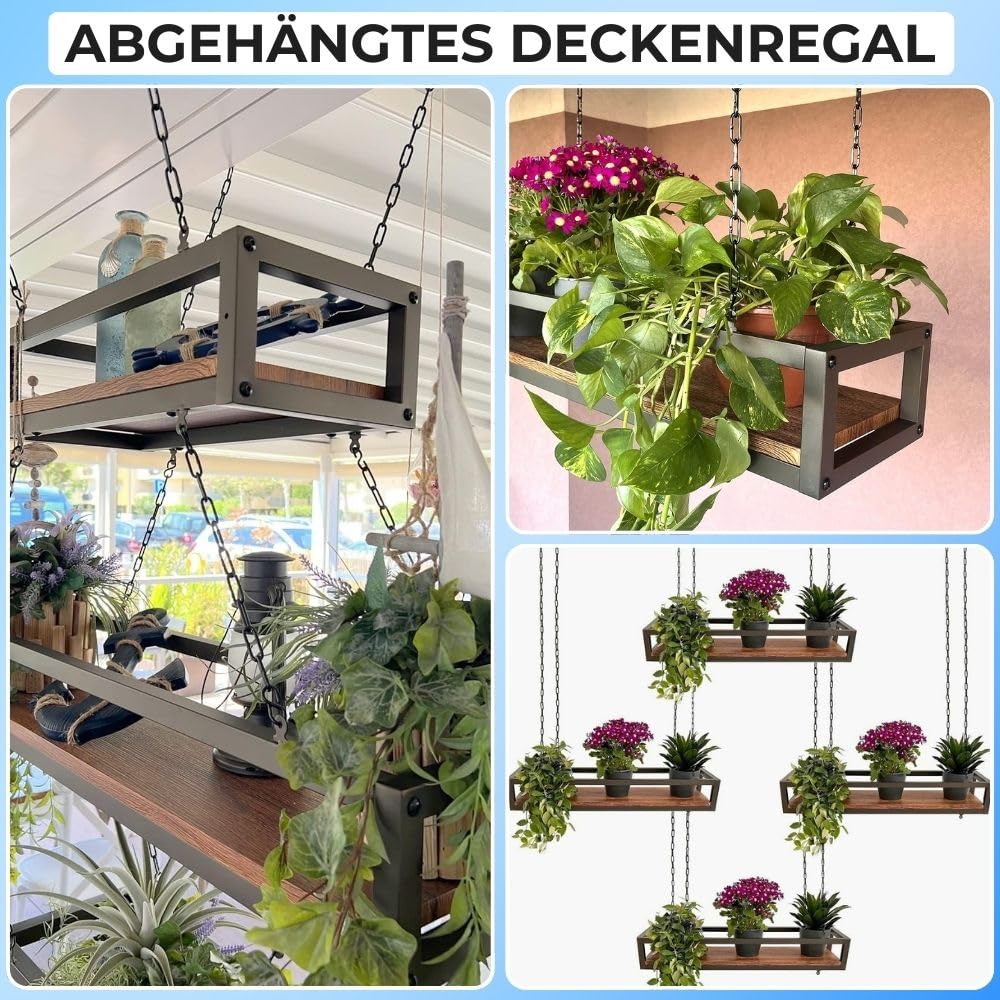 yelloo - Pflanzenregal Indoor Outdoor, Balkon Deko, Blumenständer Metall Hängendes Regal mit Ketten für Garten, Ideal zum Pflanzgefäßes im Freien (FLOWERS 55 cm, Braune/Walnüsse)