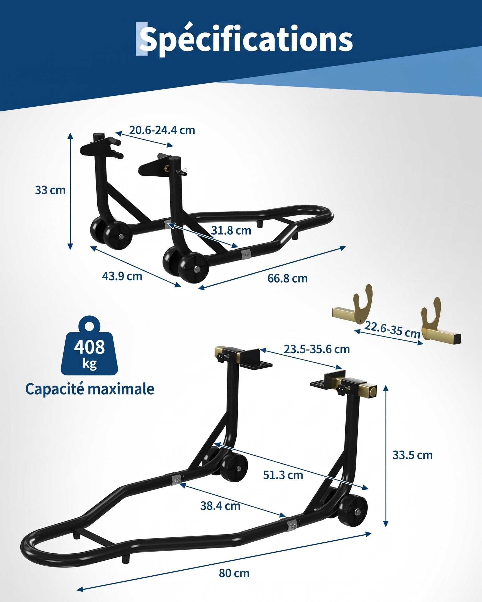 Garvee Kit de 2 Béquilles Moto en Acier, Support Acier 410kg | Support Avant et Arrière Réglable en Acier Haute Résistance, 2 Pièces, Fourches en U, Noir