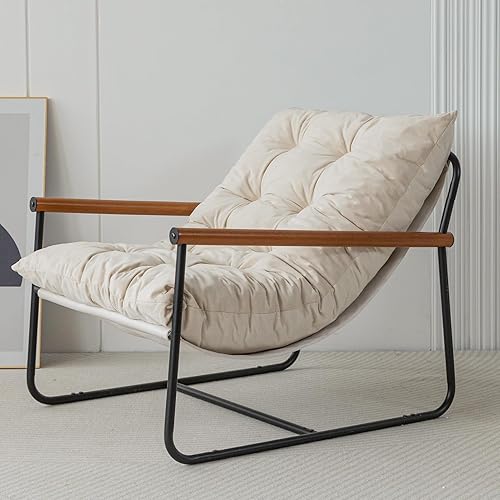 MAXYOYO Accent Chair, Velvet Arm Chair Living Room Chair with Metal Frame, Reading Accent Chair, Modern Bedroom Chair, Boucle Armchair with Wooden Arms, Beige