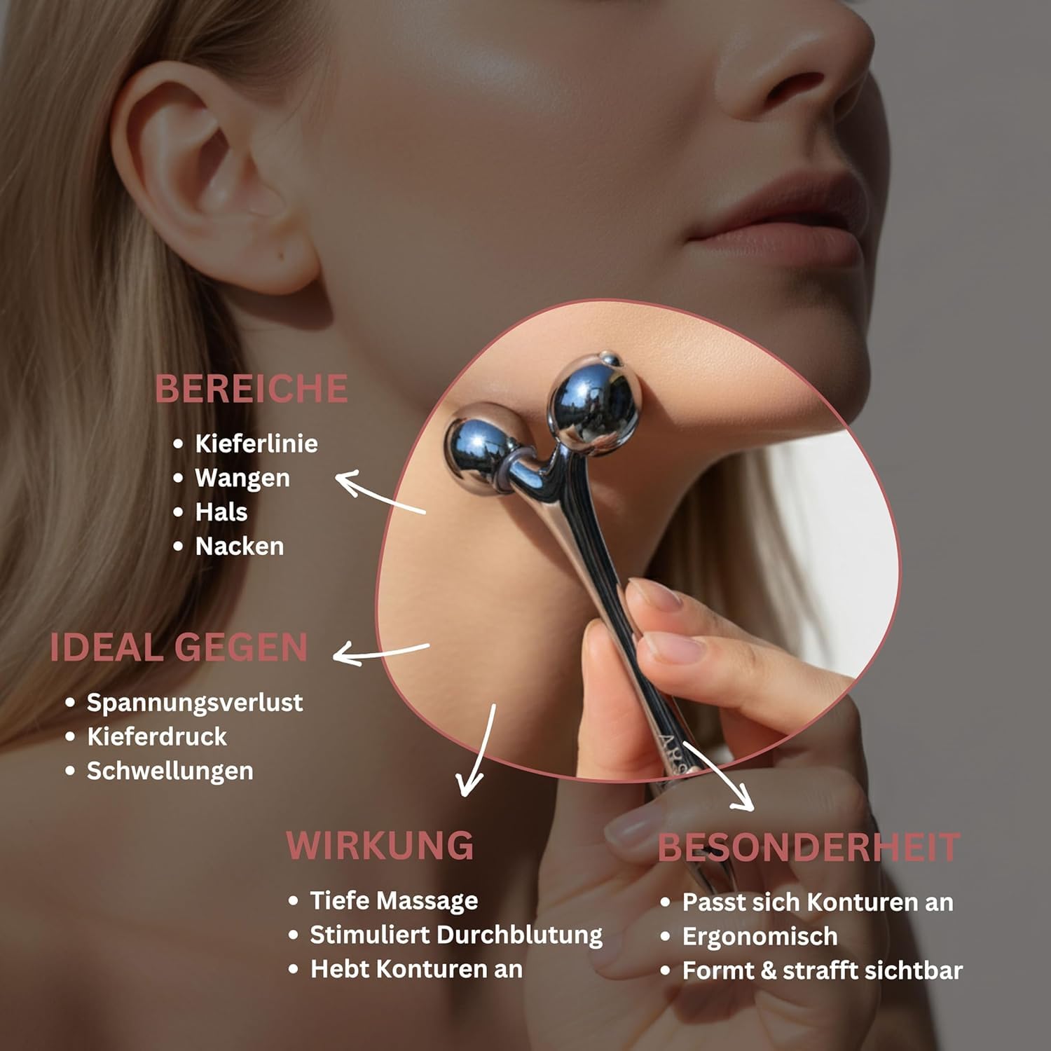 ARI ANWA Premium Gua Sha Edelstahl & Edelstahl Gesichtsroller Set + 3D Massger. Kühlende Gesichtsmassage - Stainless Steel Gua Sha Set