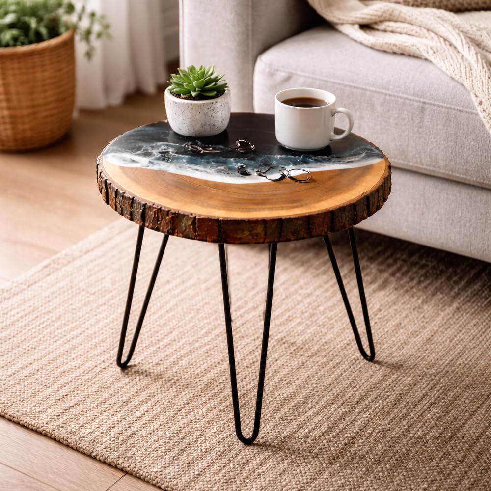 Black Ocean Resin Coffee Table | Handmade Solid Wood Live Edge Round Accent Small Center Table for Bedroom and Living Room Decor (Small (12 x 12 x 15 in))-image-19
