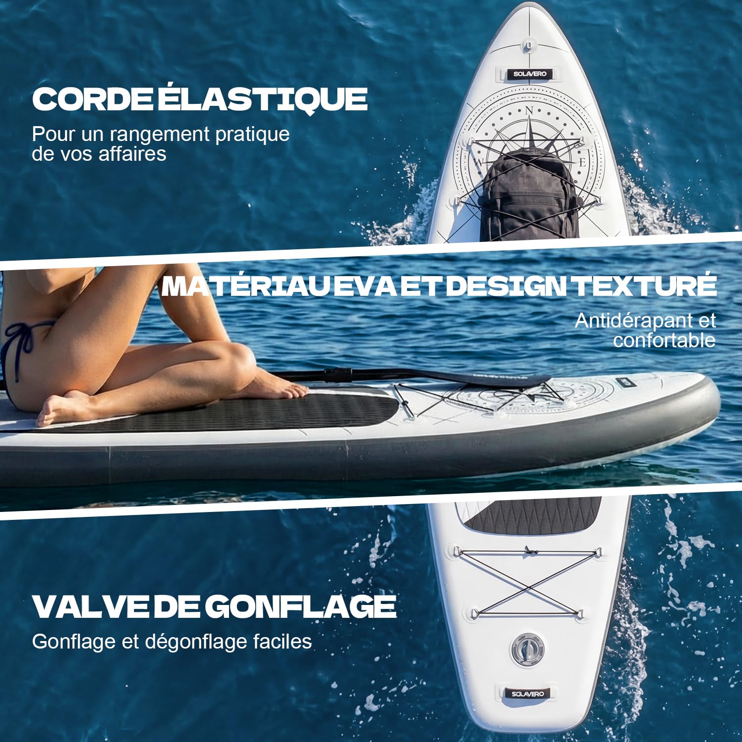SOLAVERO Stand Up Paddle Gonflable 350 x 89 x 15 cm Adulte 200kg 2 Personnes avec Pagaie Réglable, Pompe, Leash, Pochette et Sac à Dos
