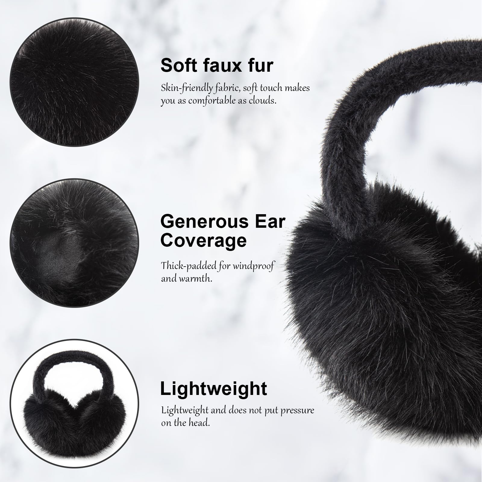 WATAME Earmuffs for Women Girls Faux Fur Fuzzy Headband Foldable Ear Covers Cold Weather Accessory: Black