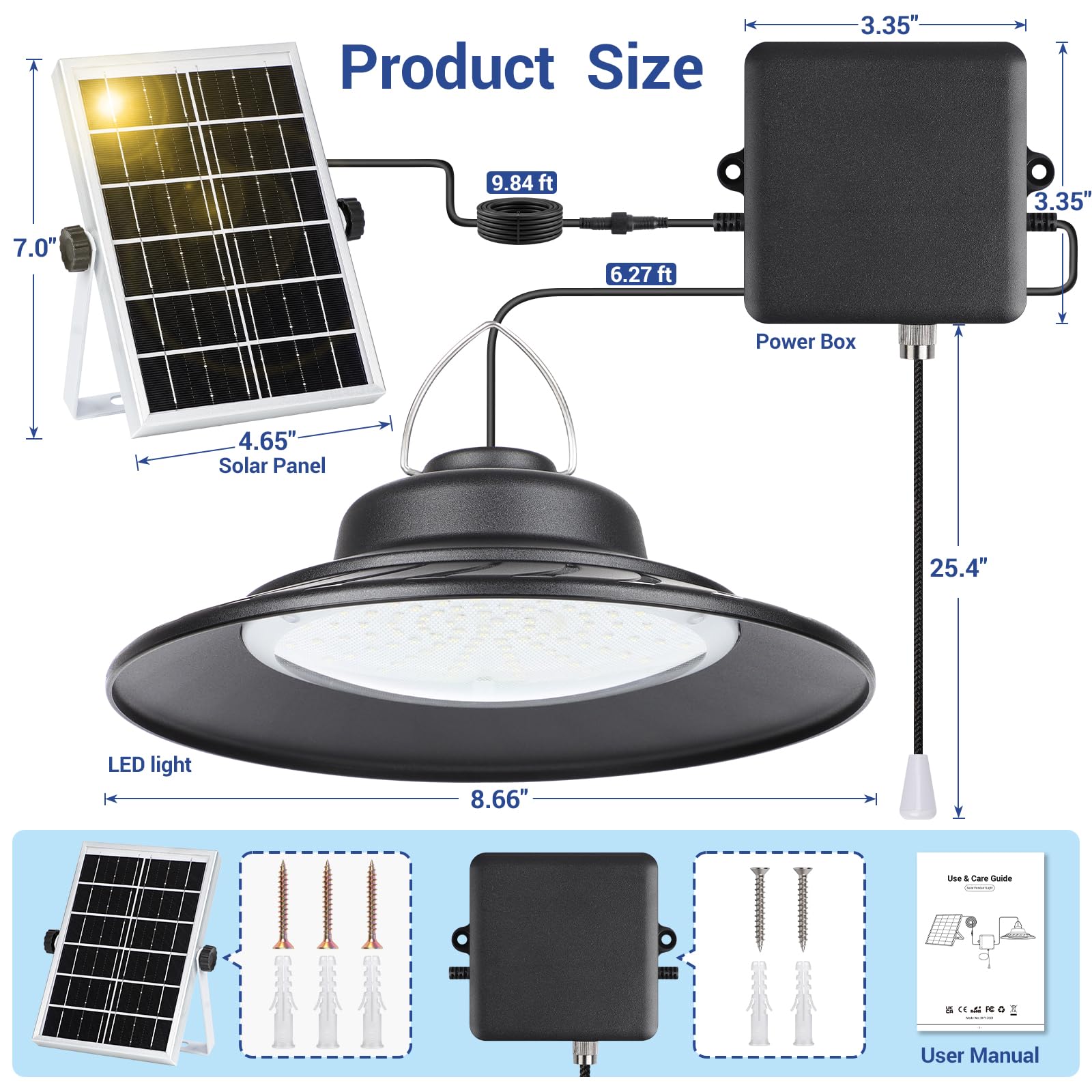 ropelux Lampada solare per capanno da giardino, per interni ed esterni, 2000 lm, luce a sospensione con corda da tirare, 2 modalità di illuminazione, luci solari, impermeabile IP65