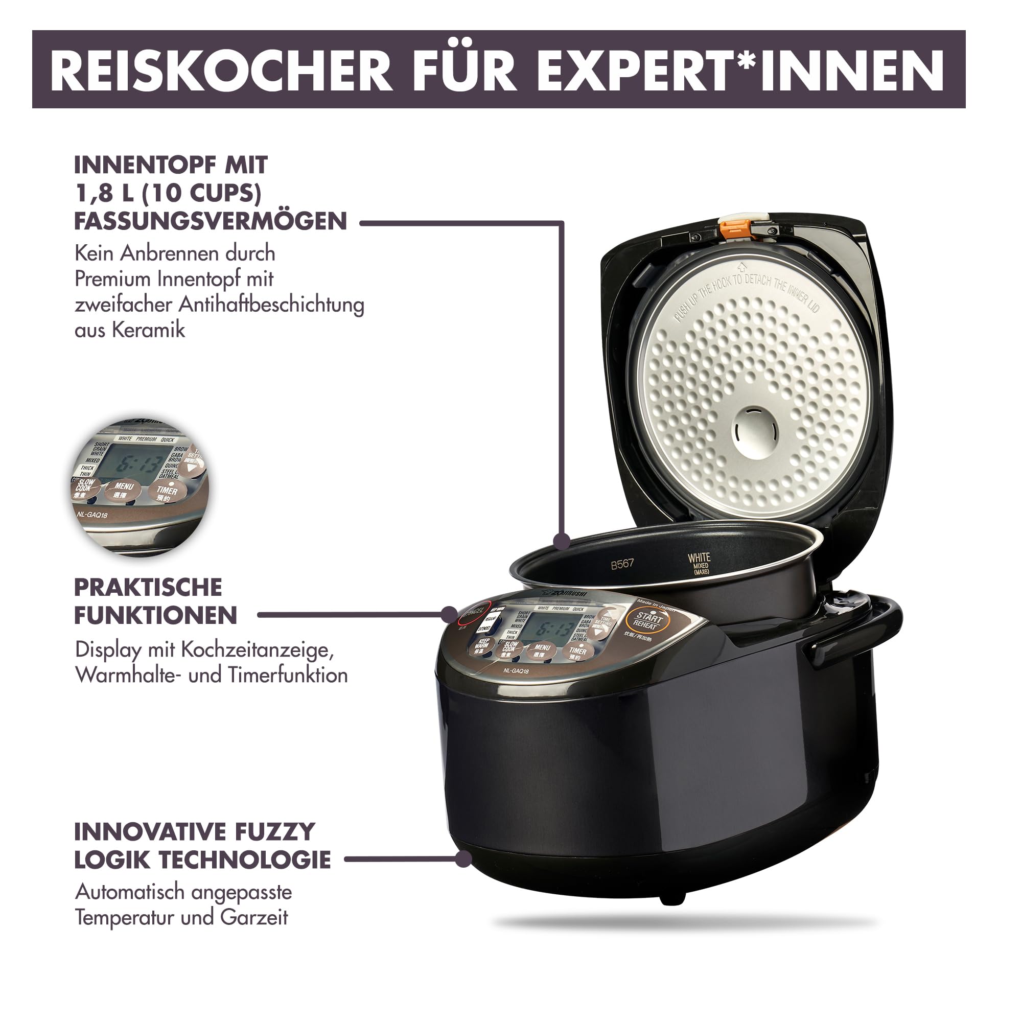 ZOJIRUSHI Premium Reiskocher NL-GAQ18 – 1,8 Liter (10 cups) – mit Warmhaltefunktion – inkl. Messbecher, Reislöffel und Dämpfeinsatz - Mit europäischem Netzkabel