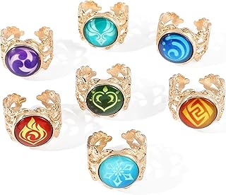 Genshin Vision Impact Adjustable Cosplay Costume Rings, Set of 7 Elemental Anemo Geo Electro Dendro Hydro Cryo Pyro Element