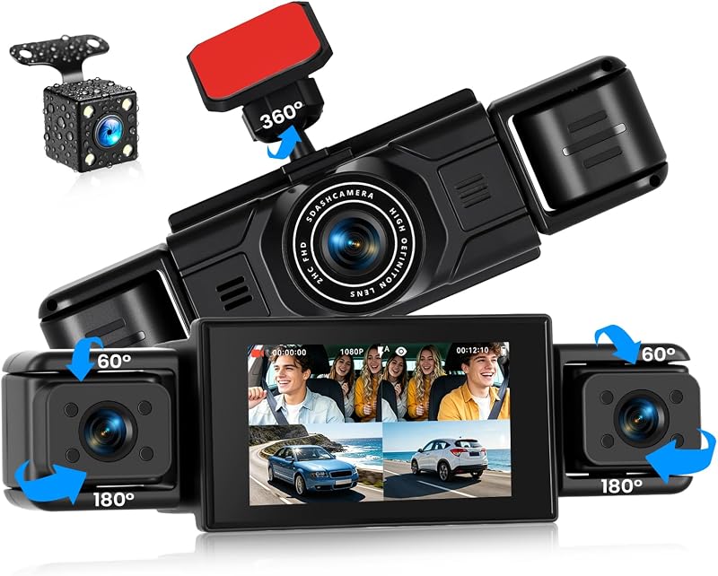 4 Channel Dash Cam 1080P Front, Left, Right and Rear with GPS, 360° Rotation, 3" Loop Recording, Motion Detection, Reserve Assist Fit for All Cars
