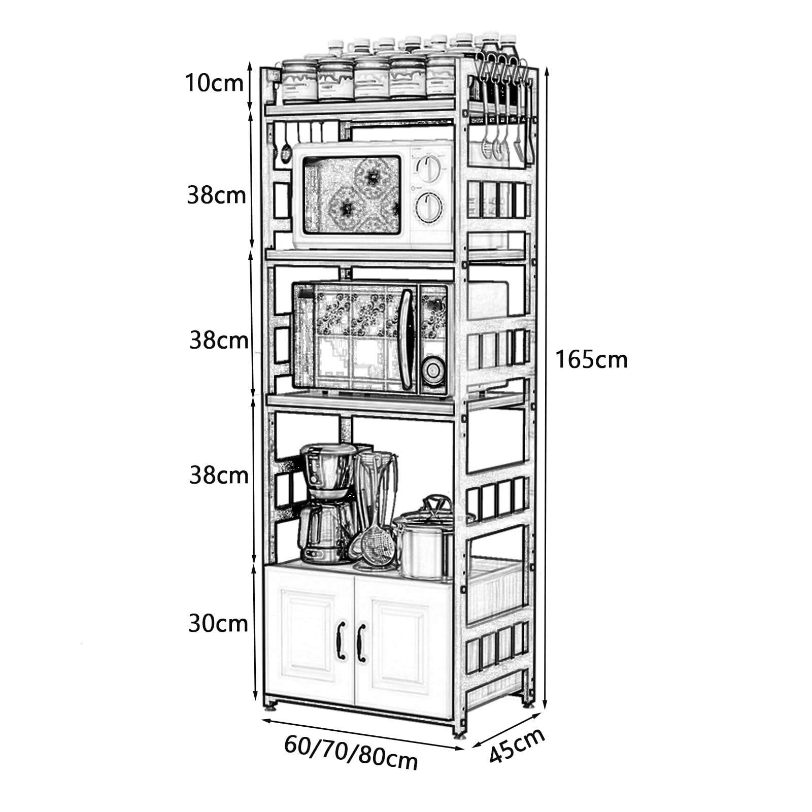 Scaffale da cucina per microonde con ante dispensa per piccoli elettrodomestici, piatti e pentole, mensola salvaspazio per cucina