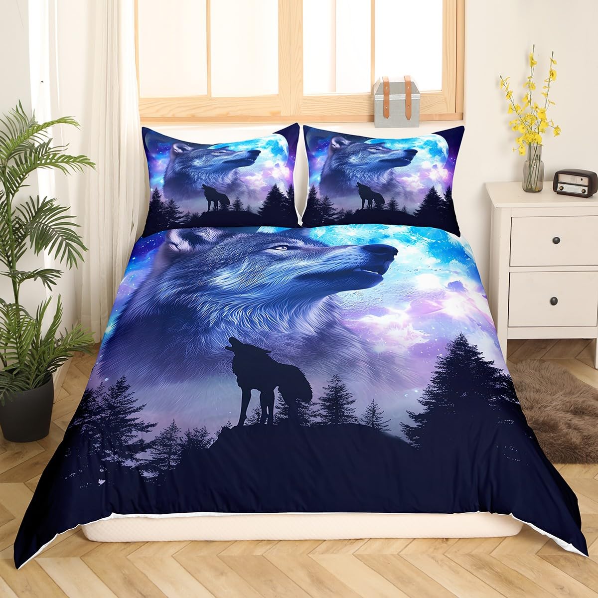 Erosebridal Howling Wolf Duvet Cover Set - 100% Cotton, 3D Animal Print, Twin/Full/Queen/King Sizes - Safari Wildlife Bedding