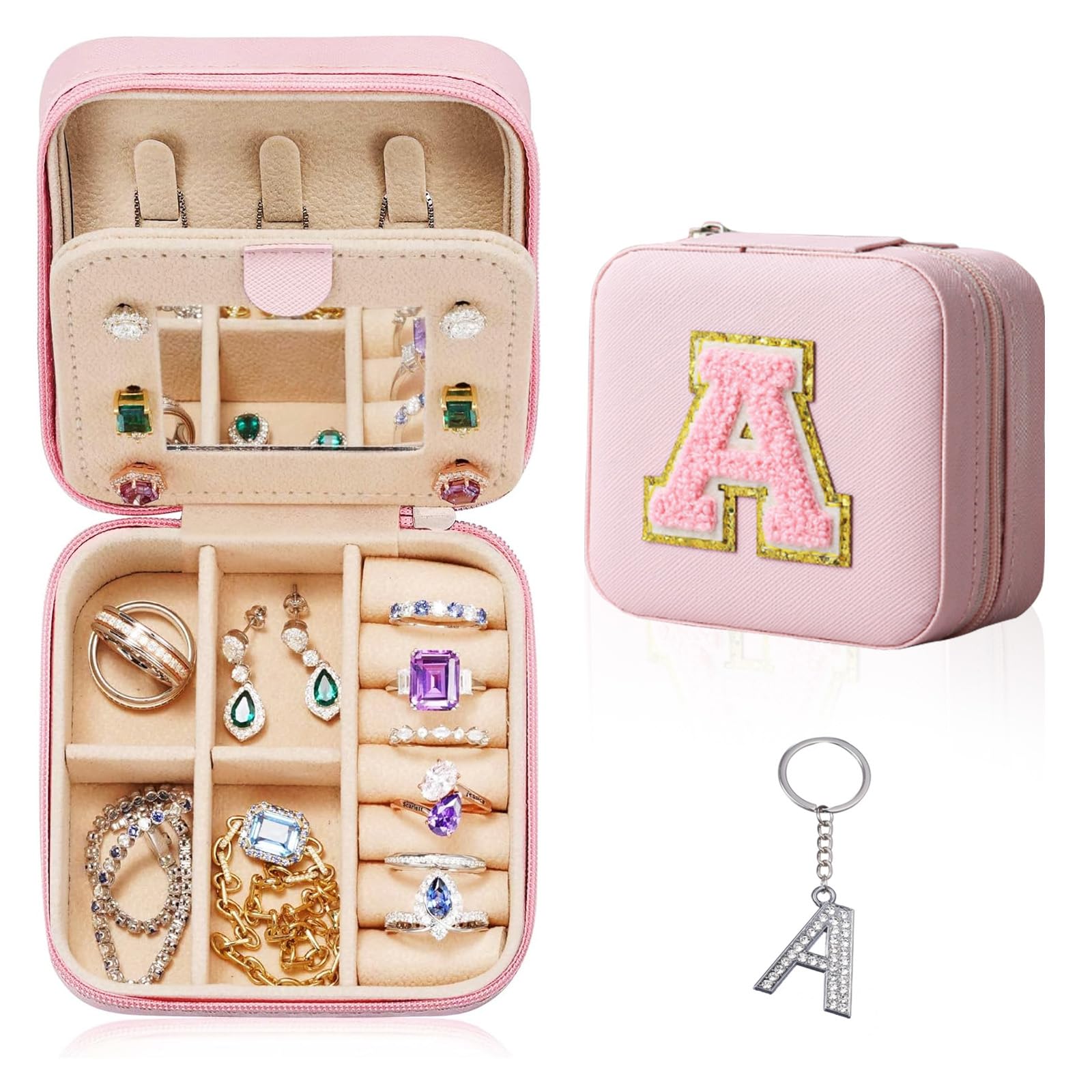 Portagioie Da Viaggio Rosa Con Specchio E Iniziale A - 9,5x9,5x5 Cm - Portagioielli Portatile In PVC Con Divisori