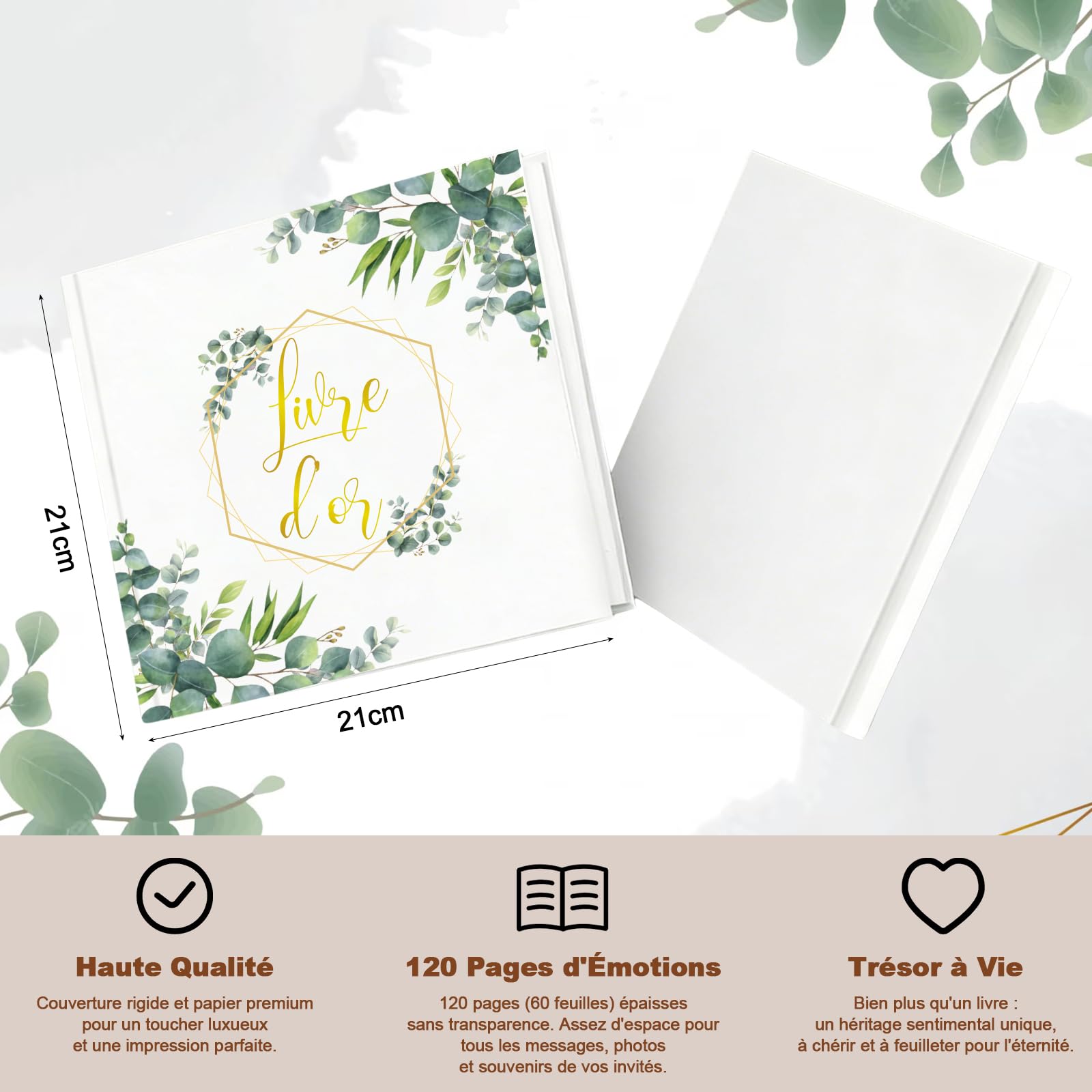 Livre d'or Mariage Motifs Floraux 21.5x21.5 cm Couverture Rigide 120 Pages Scrapbooking (Feuilles d'eucalyptus)