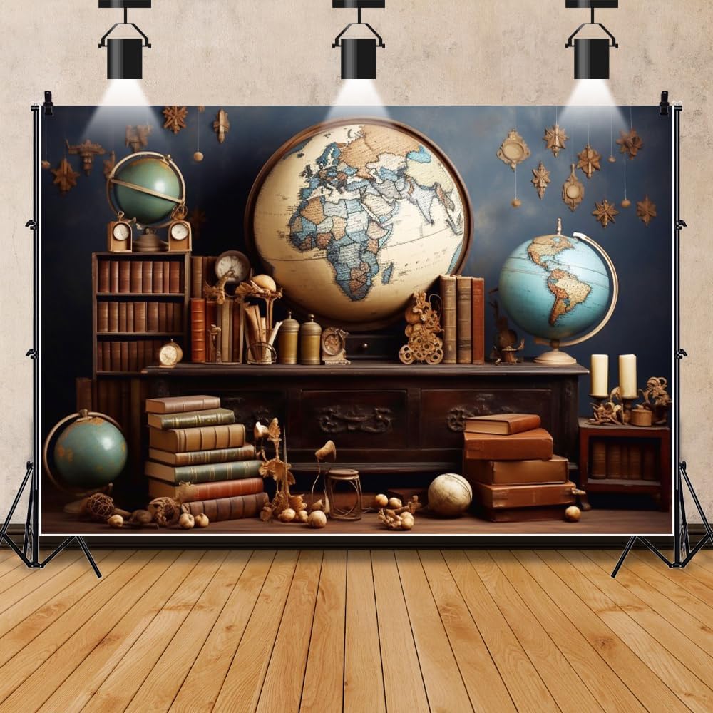 7x5ft Vintage Bookshelf Backdrop Wooden Bookcase Globe Photography Background Study Room Office Bookcase Books for Video Conference Zoom Meeting Cake Table Banner Photo Booth Props Vinyl