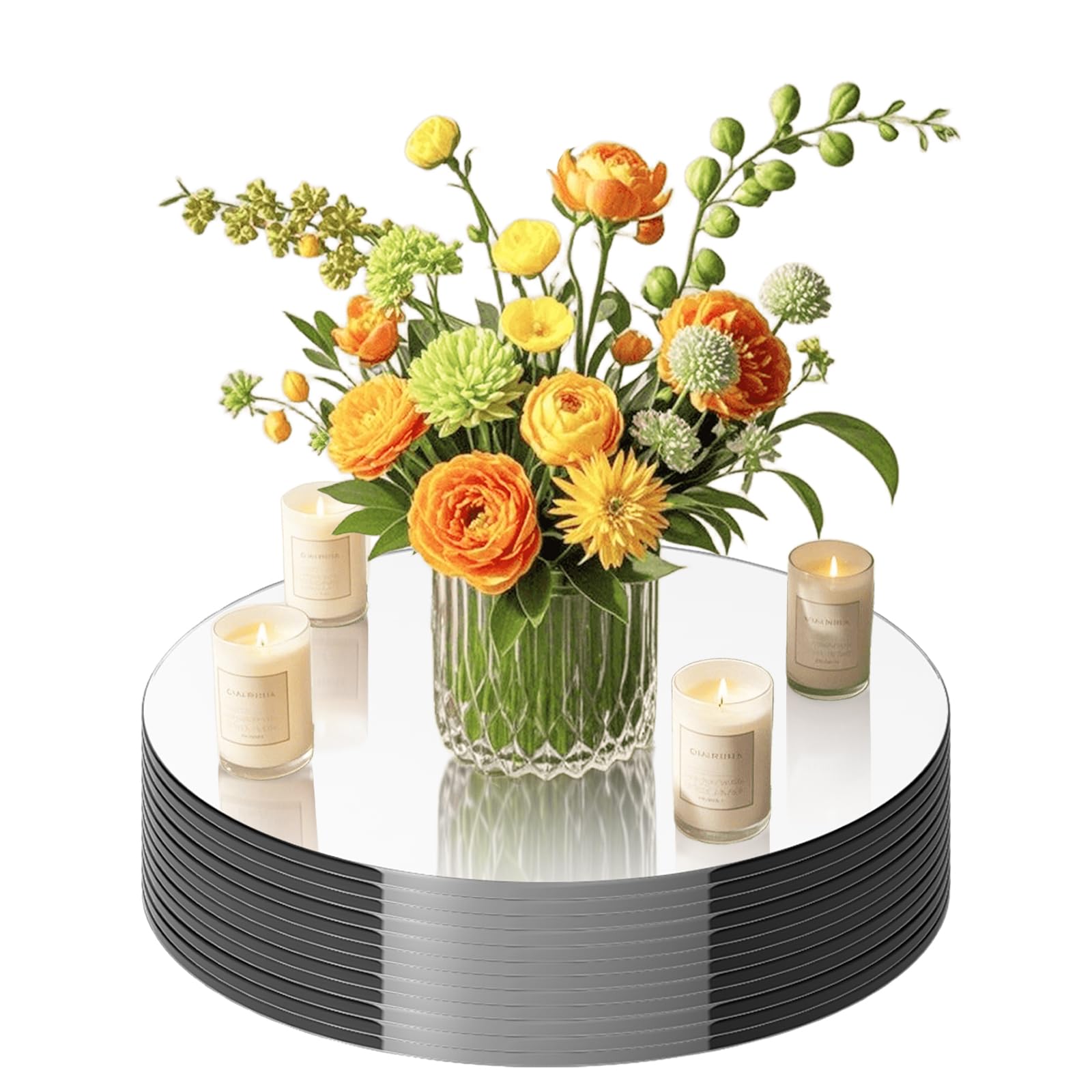 Photo 1 of 10 Pack Round Mirror Centerpieces for Tables, 8" Acrylic Circle Mirror Centerpieces Mirror Tray Candle Plate Centerpiece for Wedding Table Birthday Flowers Decorations Wall Decor (8inch)