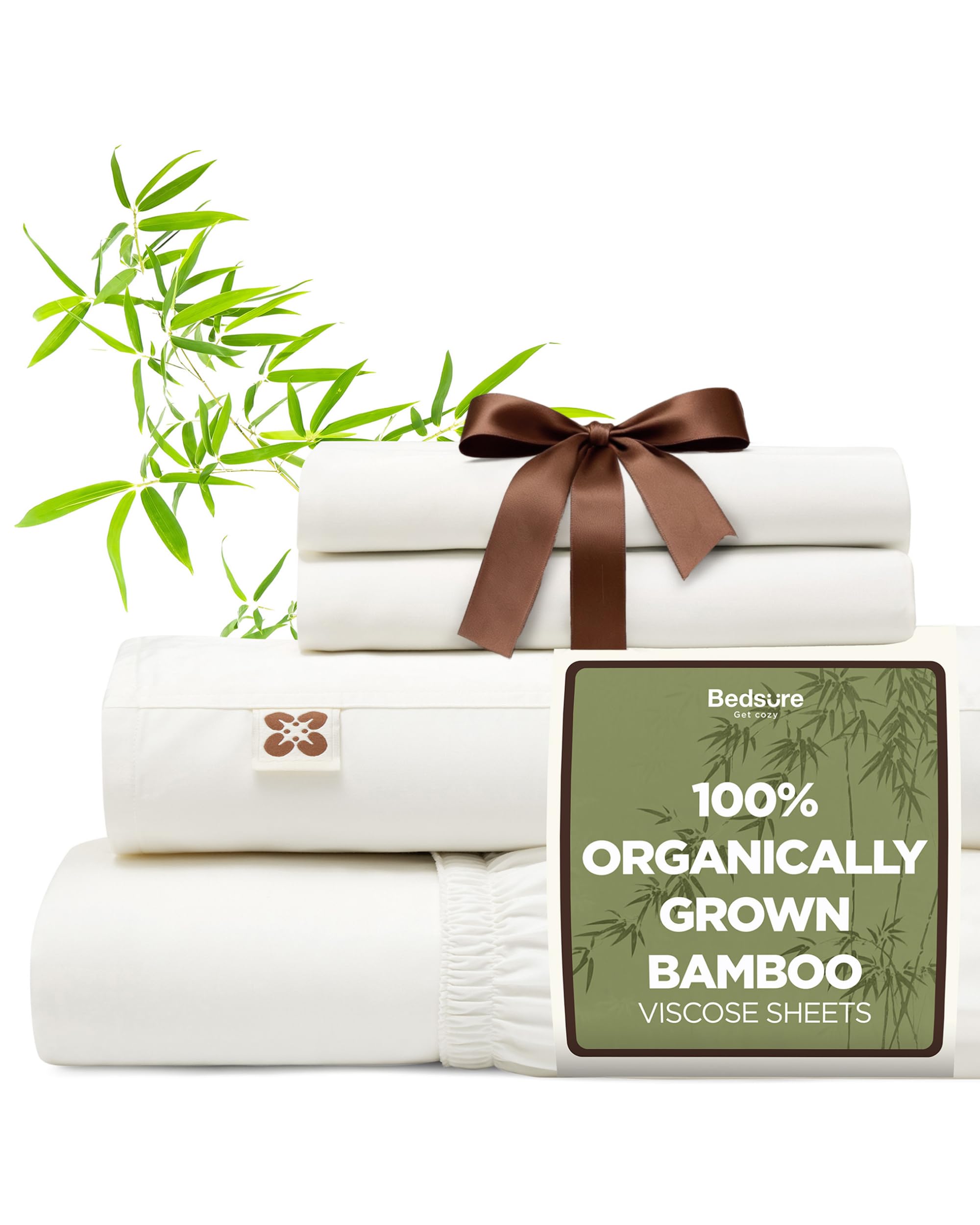 Bedsure 100 Organically Grown Bamboo Viscose Sheets - 18 Inches Deep Pocket Sheets with Elastic Corner Queen Sheet