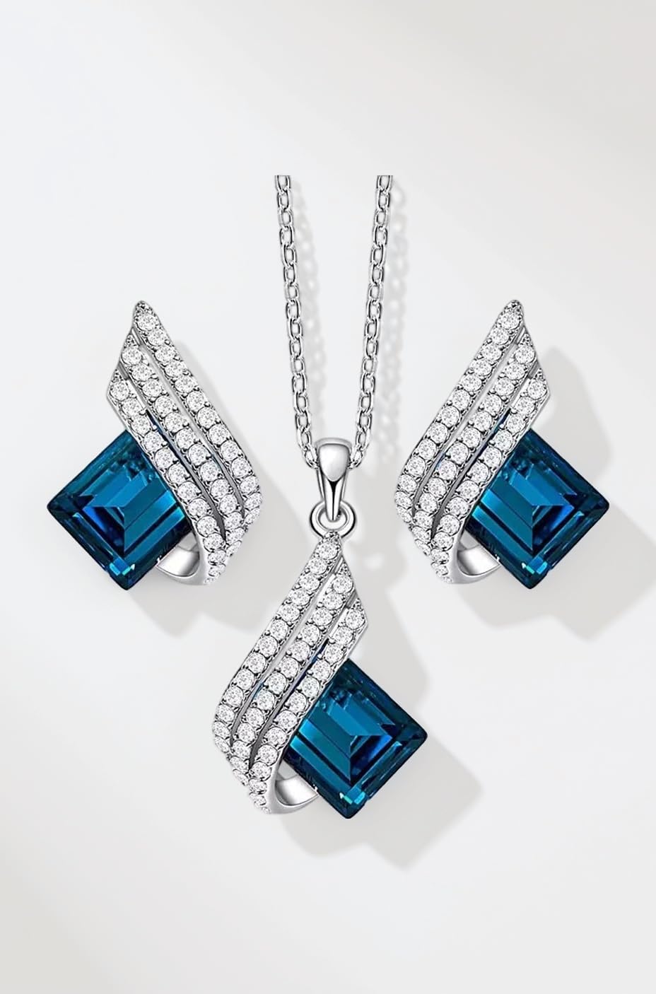 Angel Wings Platinum Plated Crystal Pendant Necklace Jewellery Set for Women and Girls (Blue) (14622s)