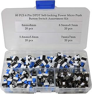 80 Pcs 6 Pin DPDT Self-Locking Power Micro Push Button Switches(5.8X5.8mm 7X7mm 8X8mm 8.5X8.5mm)