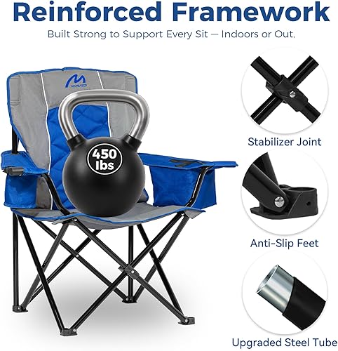 Miniatura 4 de Silla de campamento acolchada de gran tamaño, marco de acero resistente para soportes de 450 libras, conveniente enfriador de 6 latas, bolsa de