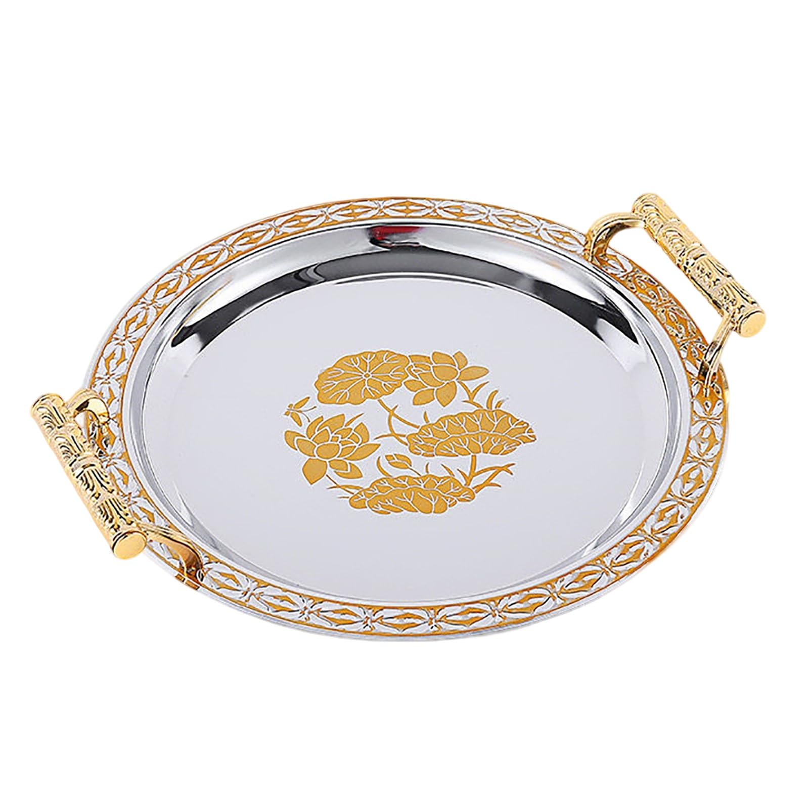 Utility Tray Tea Serving Platter with Handles European Serving Stainless Steel Trays for Food Fruit Coffee Tea Golden(39cm/15.4in)