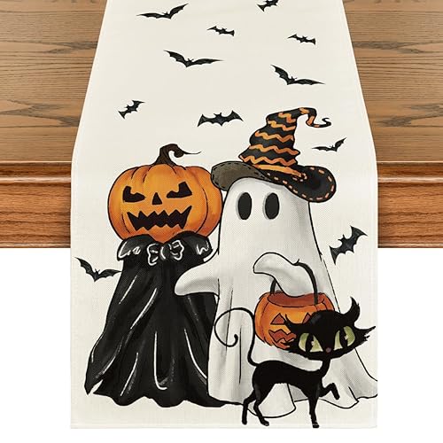 Artoid Mode Ghost Spooky Jack-O'-Lantern Pumpkin Halloween Table Runner, Black