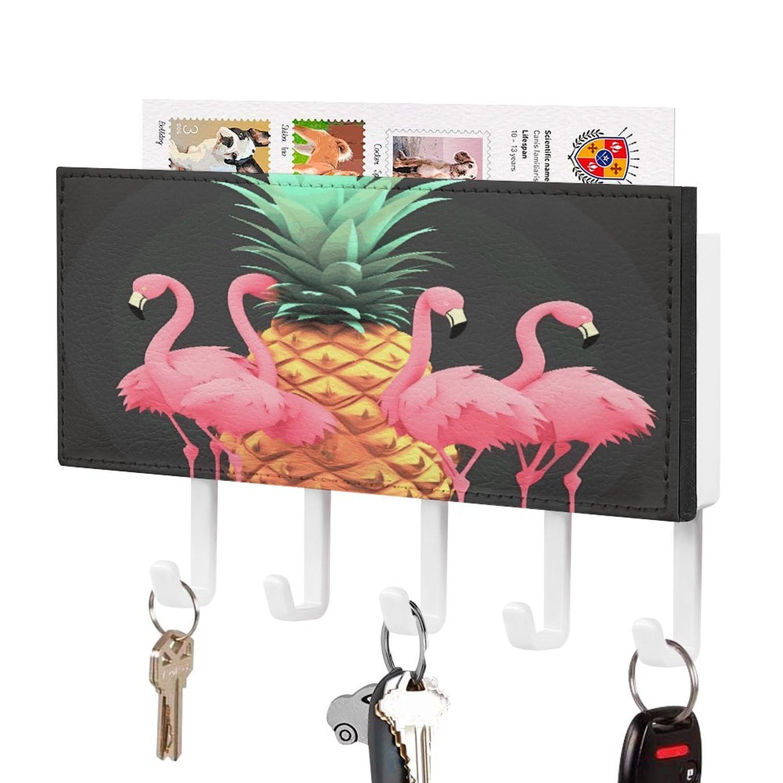 Vstadank White-Style Pineapple Flamingos Key Holder For Wall Decorative Mail Organizer Exquisite Coat Rack Pu Wall Mount Adhesive Keys Rack With Tray&5 Key Hook For Door Hallway Entryway Decor