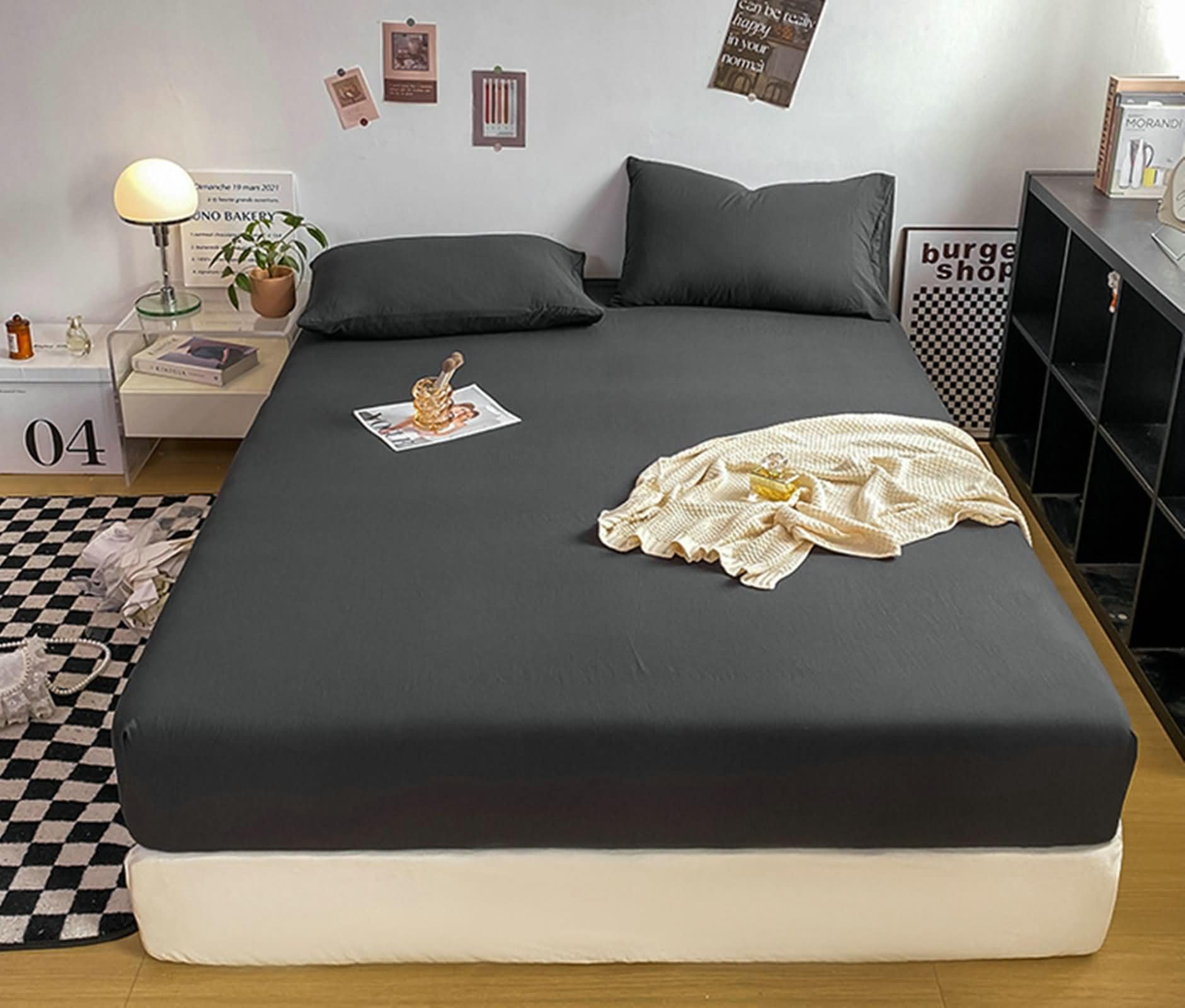 Betttuch 90x200cm Deko, Spannbettlaken Wasserbett Einfarbig, Textilien Polyester Baumwolle Tagesdecken Schwarz Unterbett für Matratze
