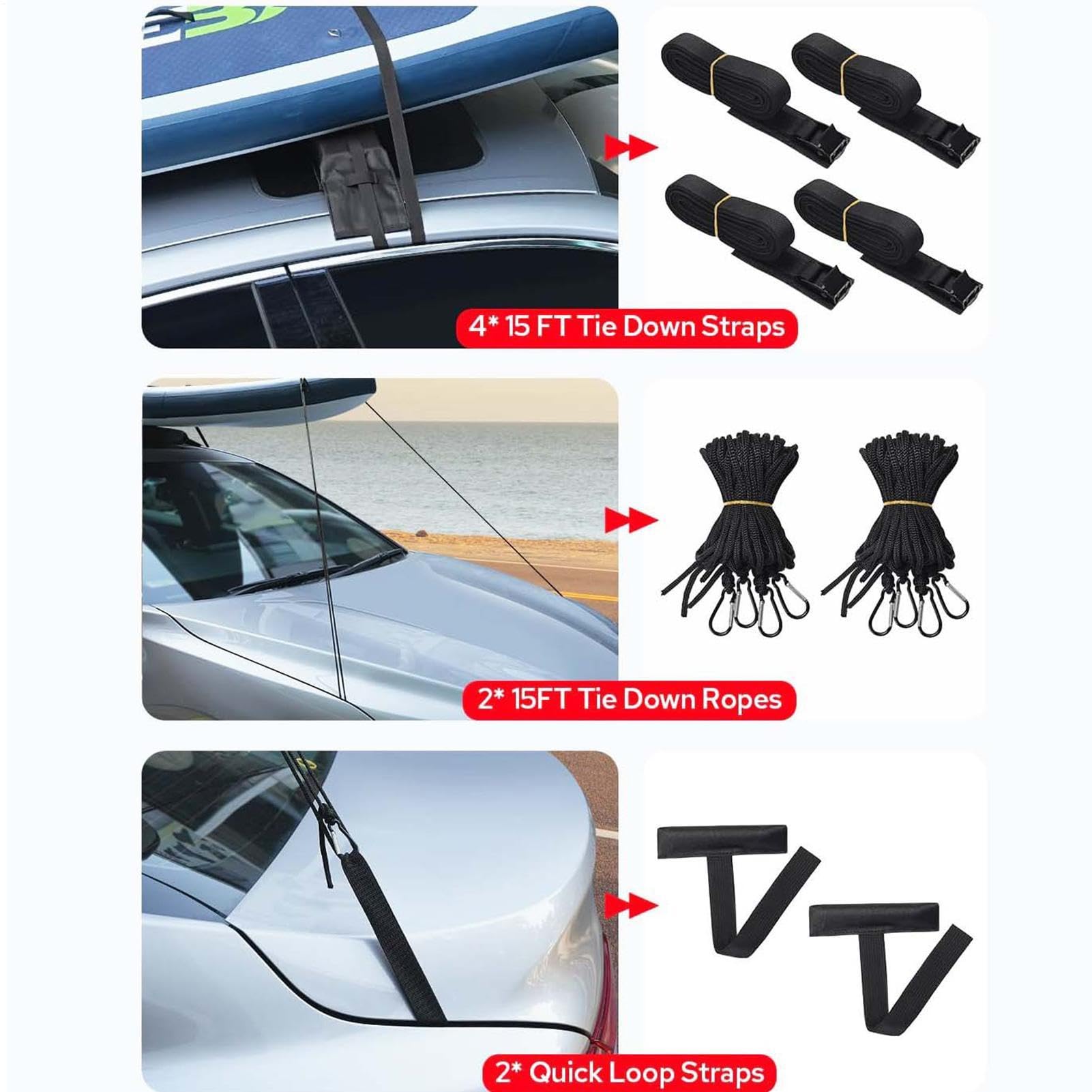 Porta Kayak Morbido Per Auto porto per tavola con cinghie di fissaggio | Portapacchi Morbido da Tetto Auto per SUV berline gite al mare viaggi su strada escursioni al lago avventure e