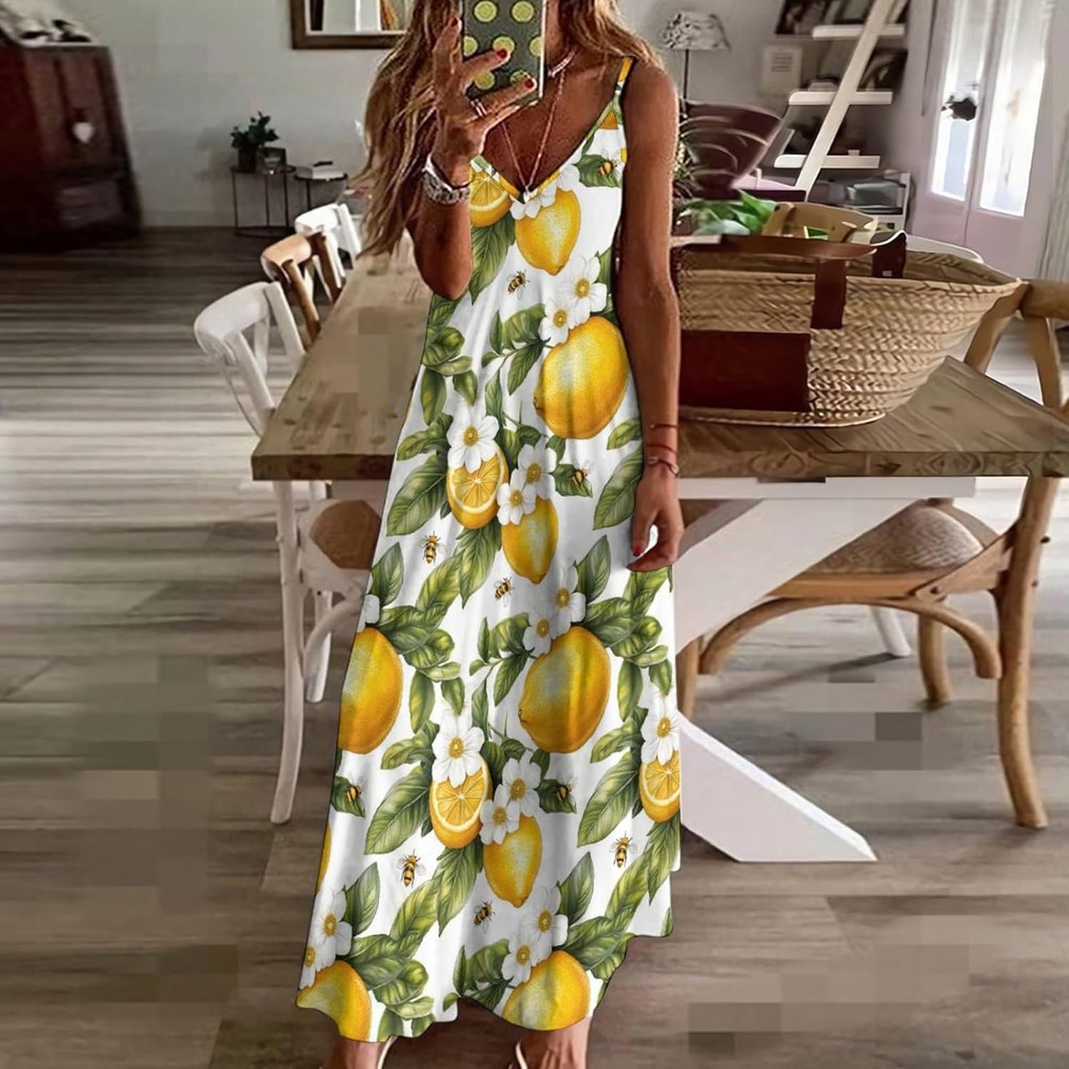 Long Summer Dresses for Women 2025 Vacation - Bee and Lemon Print Beach Spaghetti Strap Maxi Sundress