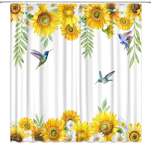Miniatura 3 de Cortina de ducha de girasol, flores amarillas, hojas verdes, plantas, colibrí, flores, primavera, granja, rústico, botánico, cortinas de baño, juego
