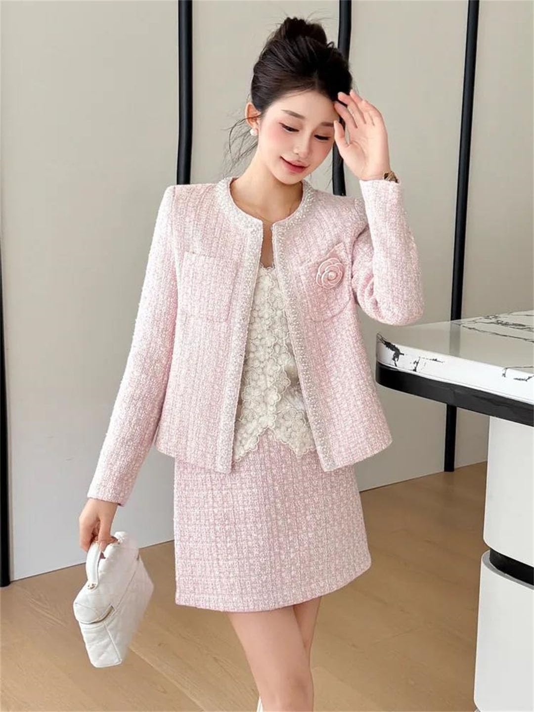 Women Tweed Two Piece Set Jacket Short Skirt Matching Outfit