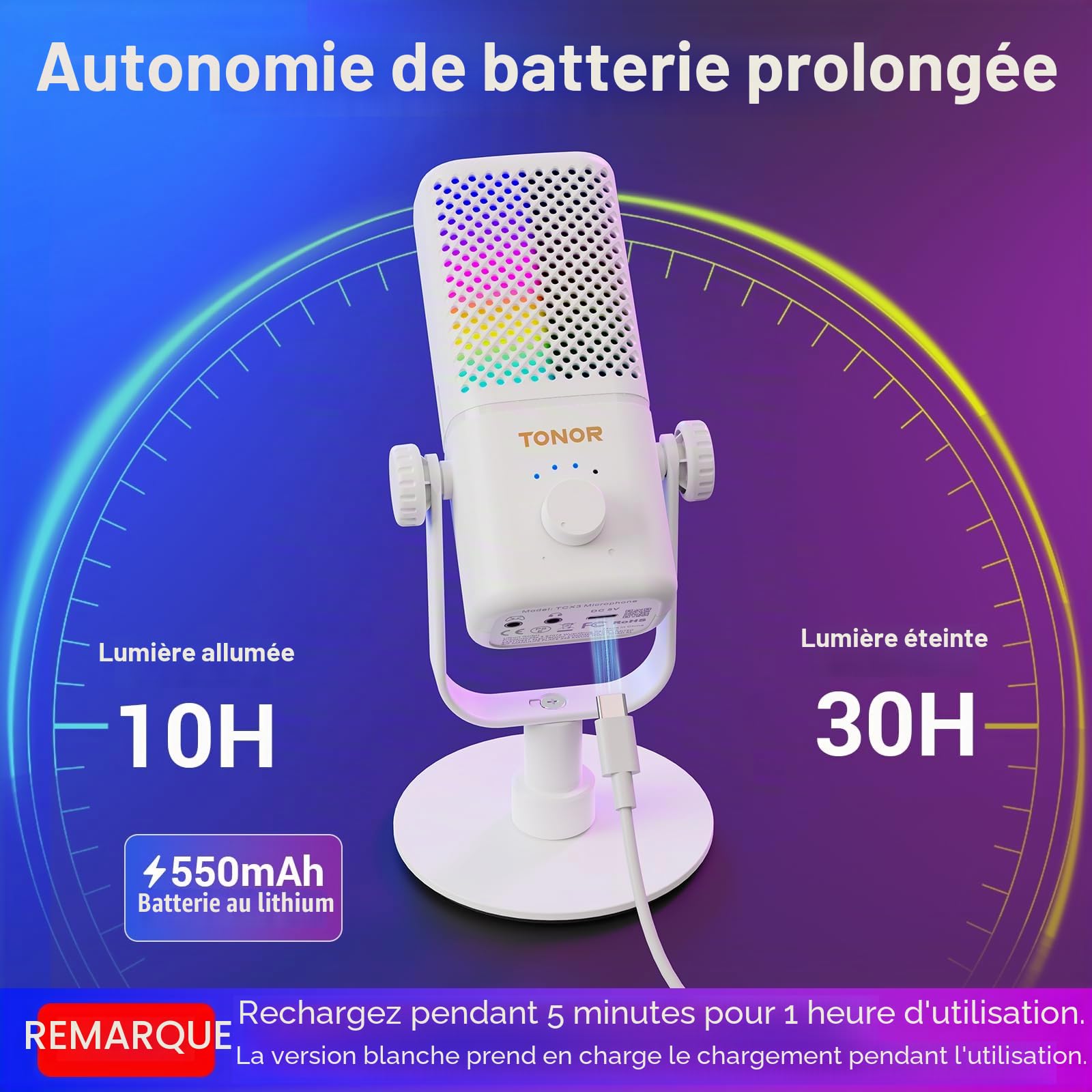 TONOR Micro Gaming Compatible avec Xbox, Microphone de Streaming à Condensateur RGB avec Autonomie de Batterie de 30 Heures, Coupure du Son en Un Clic, Compatible avec Xbox, Blanc, 200cm,TCX3