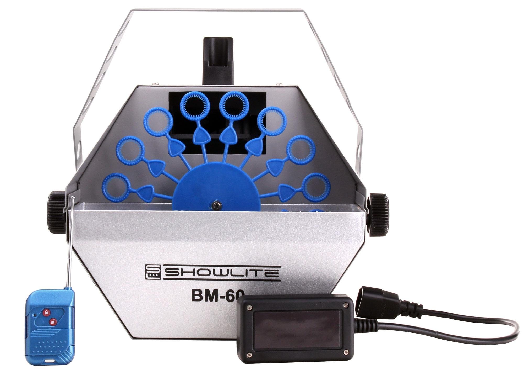 Showlite BM-60 Macchina per Bolle di Sapone 60W con Telecomando Wireless e 1L Eurolite Fluido UV blu (serbatoio 0,6l, 2-3 ore di funzionamento a serbatoio pieno, effetto festa, bolle da discoteca)