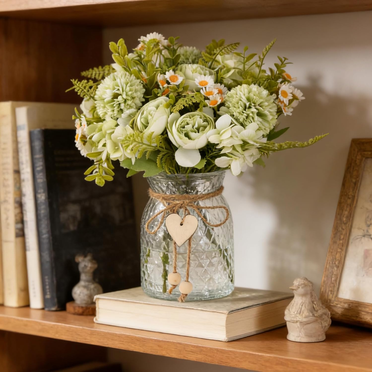 Kimura's Cabin Fake Flowers with Vase Artificial Silk Peony in Vase Fake Flower Hydrangeas Arrangement for Dining Table Home Office Farmhouse Bathroom Centerpiece Wedding Decorations,Green