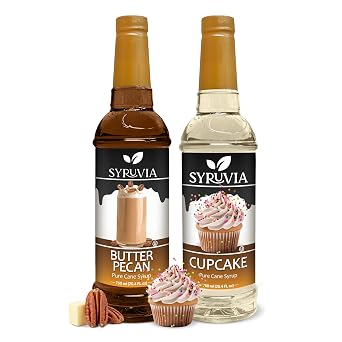 Syruvia Butter Pecan & Cupcake Coffee Syrup - 25.4 fl oz Premium Coffee Flavoring Syrup. No Coloring, Kosher, and Gluten-Free. Perfect for Drinks, Sodas, Shakes, Desserts, More.