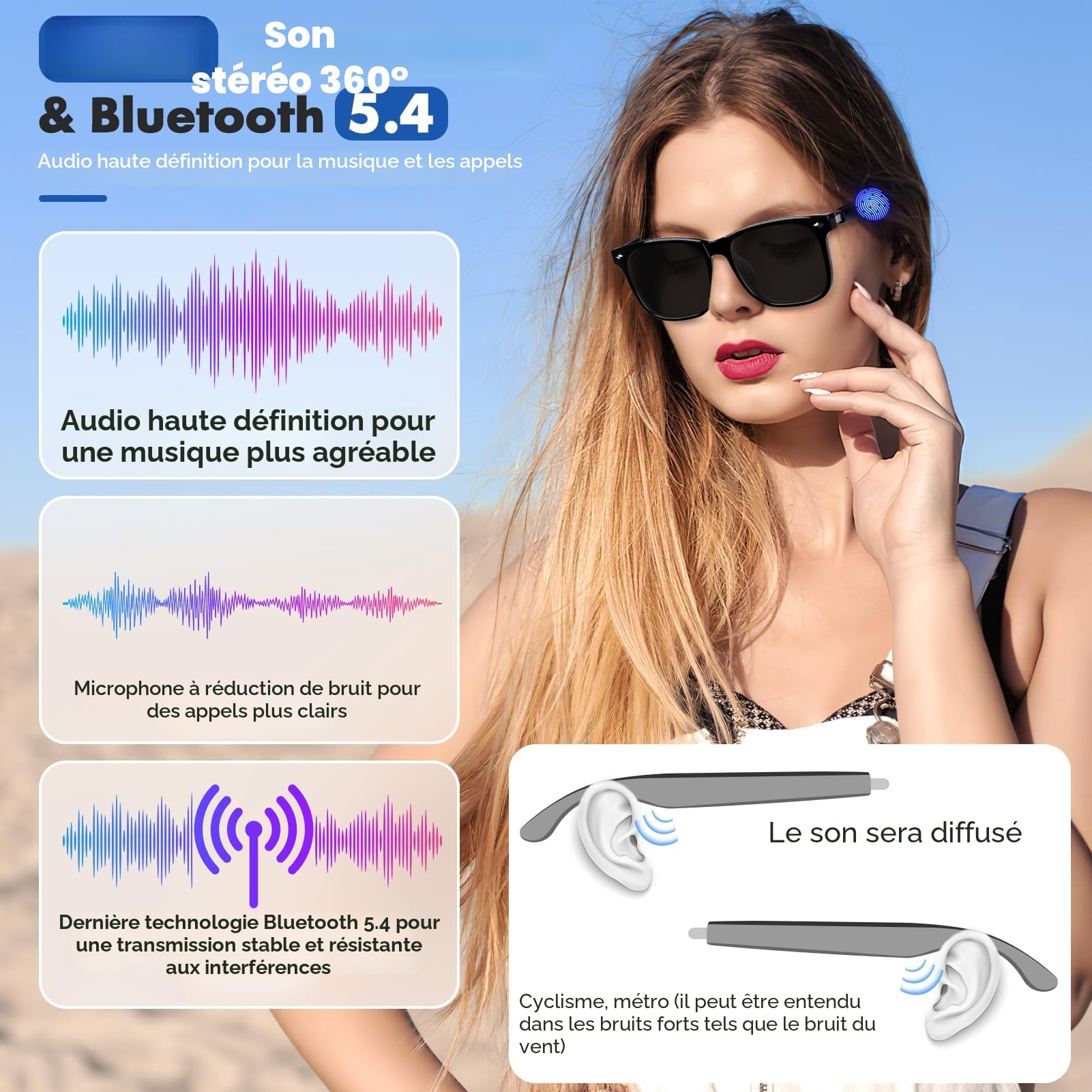 Lunettes intelligentes Bluetooth avec haut-parleur, 115 langues, traduction en temps réel, protection UV, verres polarisés, pour homme et femme, jeux, réunions, voyages